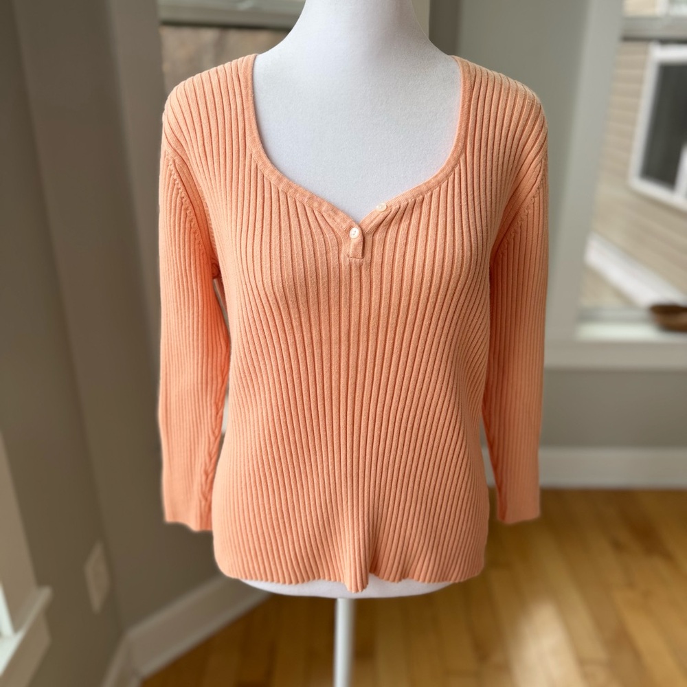 Vintage Ribbed Cotton Peach Coral Knit Top Sweater No Tags Size Medium Large